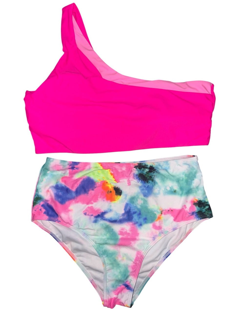 One-Shoulder Neon Pink Bikini Set with Tie-Dye High-Waist Bottoms